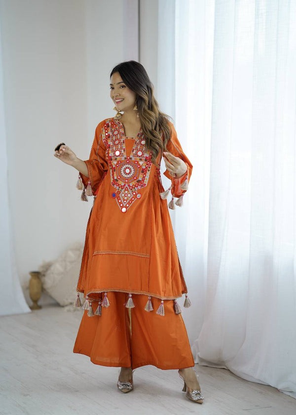 Designer Pure Khadi Cotton Kurta Palazzo Set with Mirror Embroidery