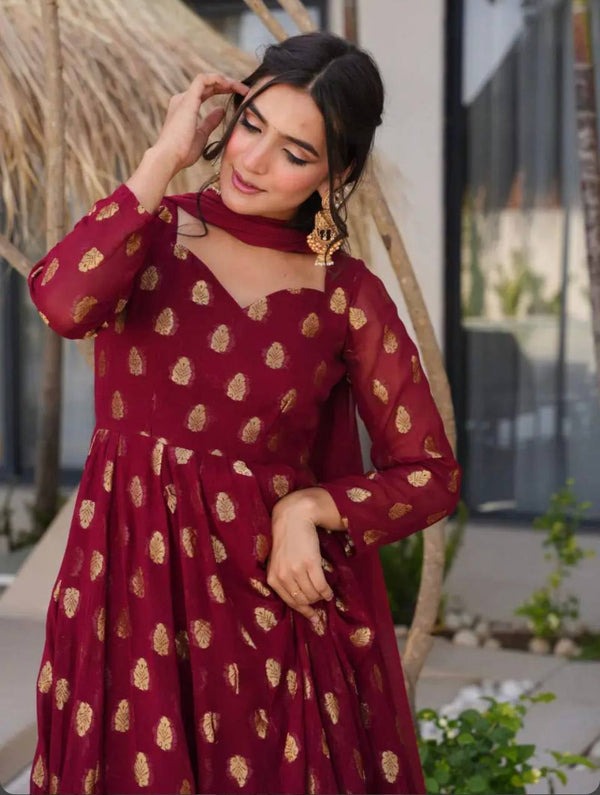 Maroon Heavy Faux Georgette with Embroidery Work n Full Sleeves Anarkali Suit