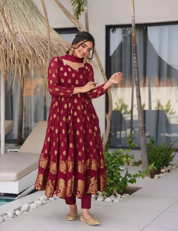 Maroon Heavy Faux Georgette with Embroidery Work n Full Sleeves Anarkali Suit