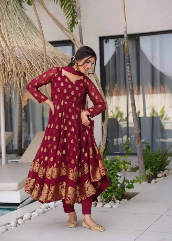 Maroon Heavy Faux Georgette with Embroidery Work n Full Sleeves Anarkali Suit