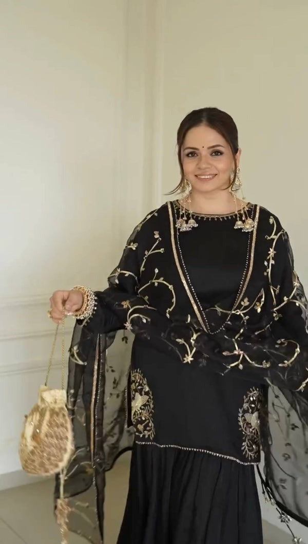 New Premium Pure Crepe Embroidered Sharara Set with Dupatta