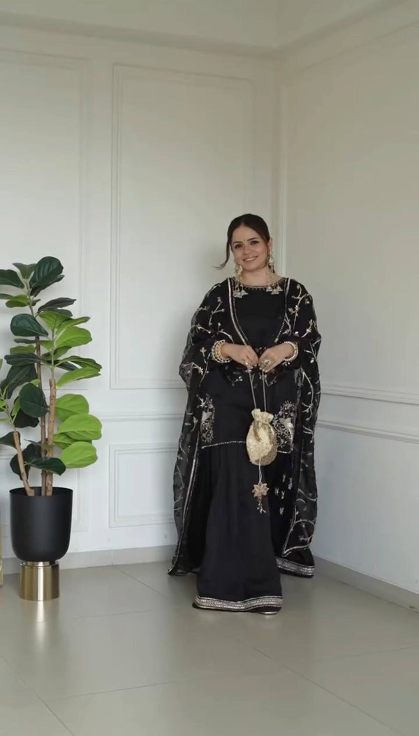 New Premium Pure Crepe Embroidered Sharara Set with Dupatta